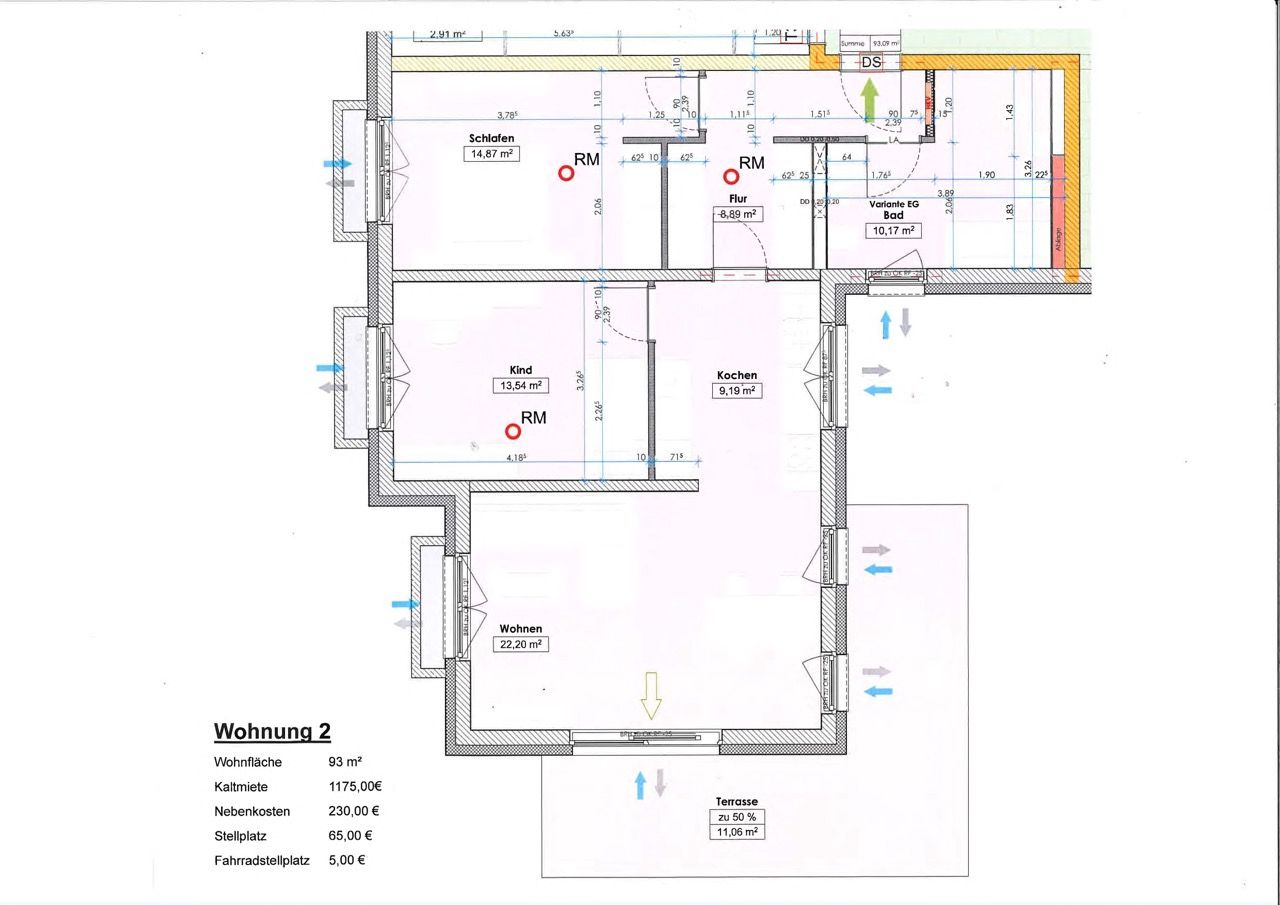 Grundriss Wohnung 2 – EG, 3-Raum-Wohnung, 93 m² – Mittelstraße 24
