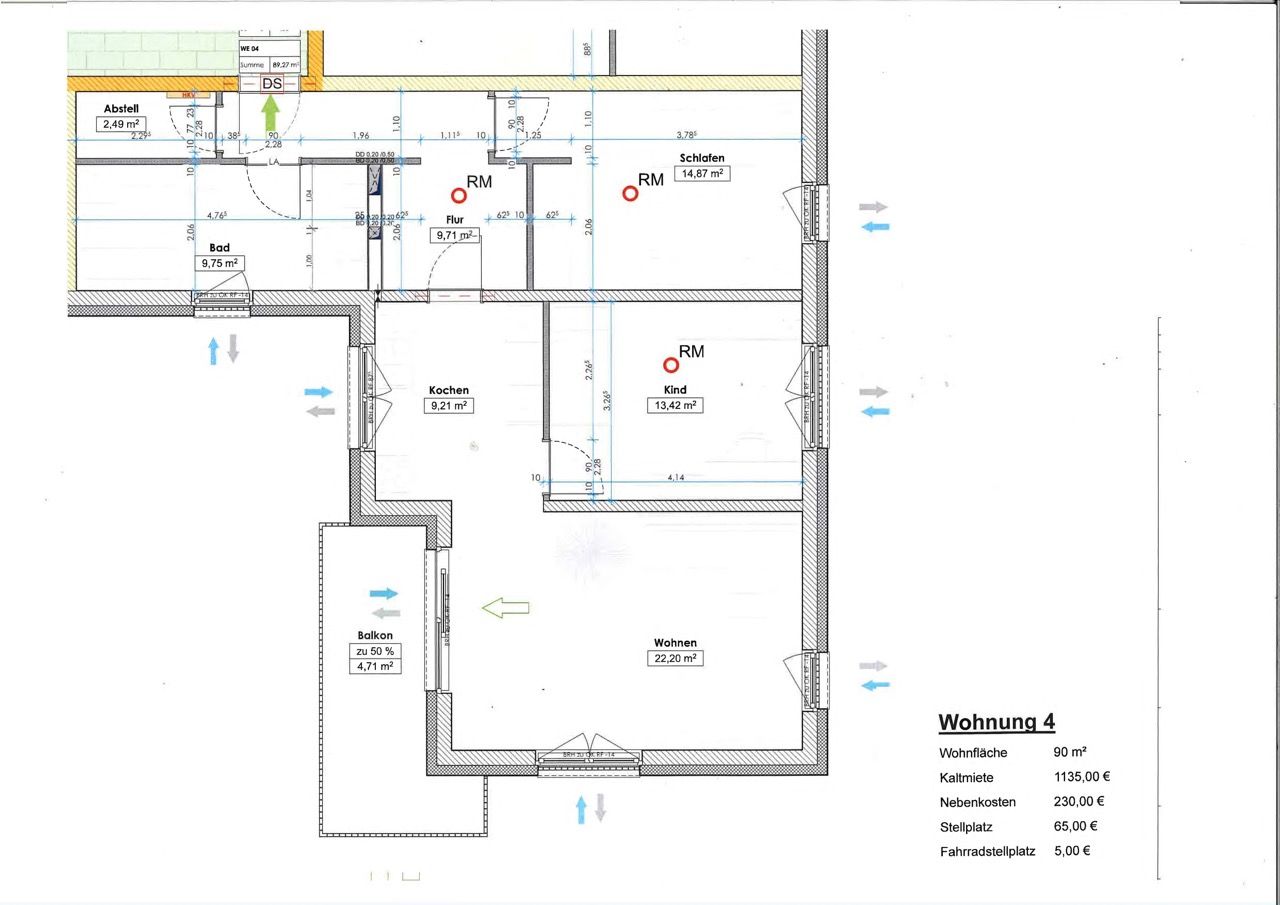 Grundriss Wohnung 4 – 1. OG, 3-Raum-Wohnung, 90 m² – Mittelstraße 24