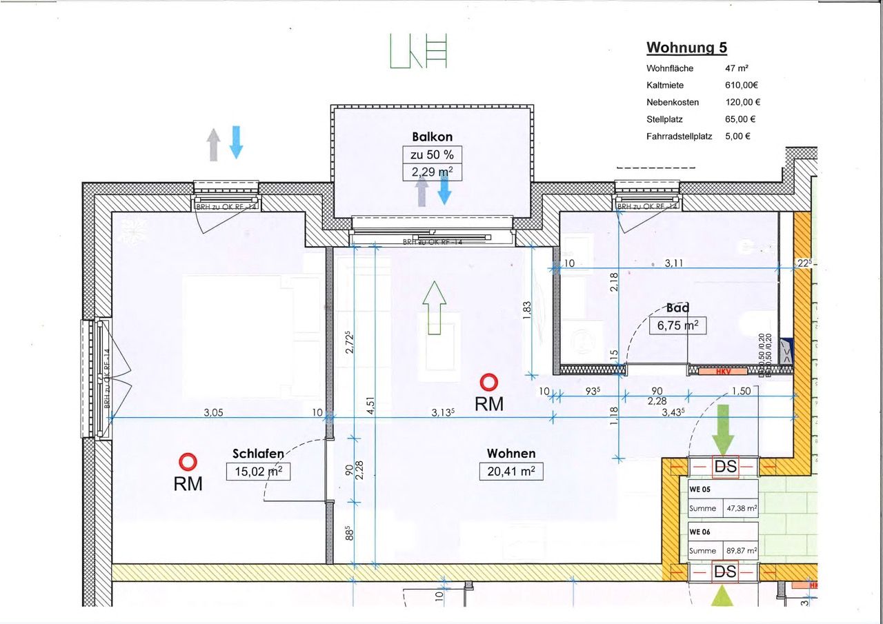 Grundriss Wohnung 5 – 1. OG, 2-Raum-Wohnung, 47 m² – Mittelstraße 24