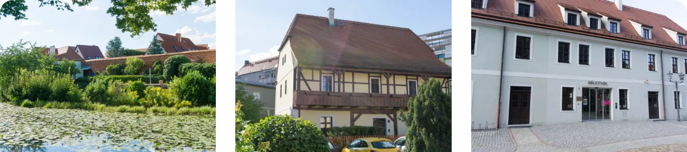 Impressionen aus Delitzsch: Teich mit Stadtmauer, Fachwerkhaus und Bibliothek
